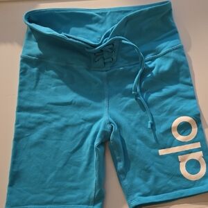 ALO Yoga Blue and White Athletic Shorts with Wide Waistband